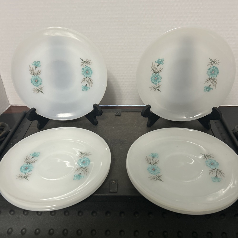 6 Vintage Fire King Bonnie Blue Flower Milk Glass Teacup Saucers 1950s Oven Ware